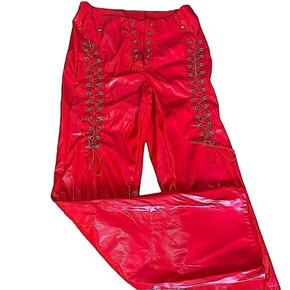Red stretch pleather lace up pant. Cut out 4 skin size large front lace missing - Picture 1 of 16